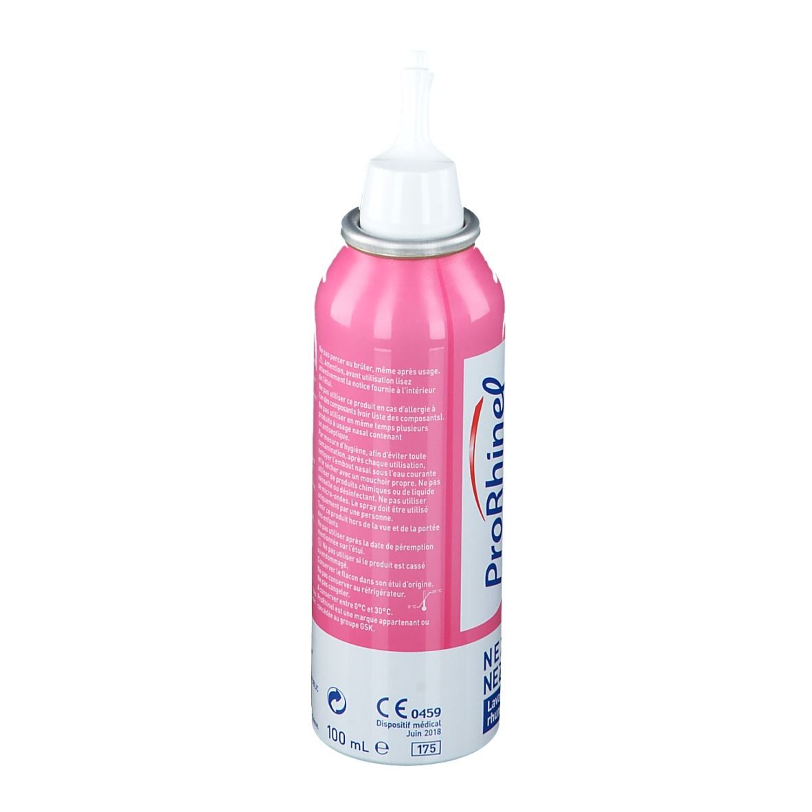 Spray rose avec embout blanc. Dos avec texte. Marquage CE. 100 ml. Informations.