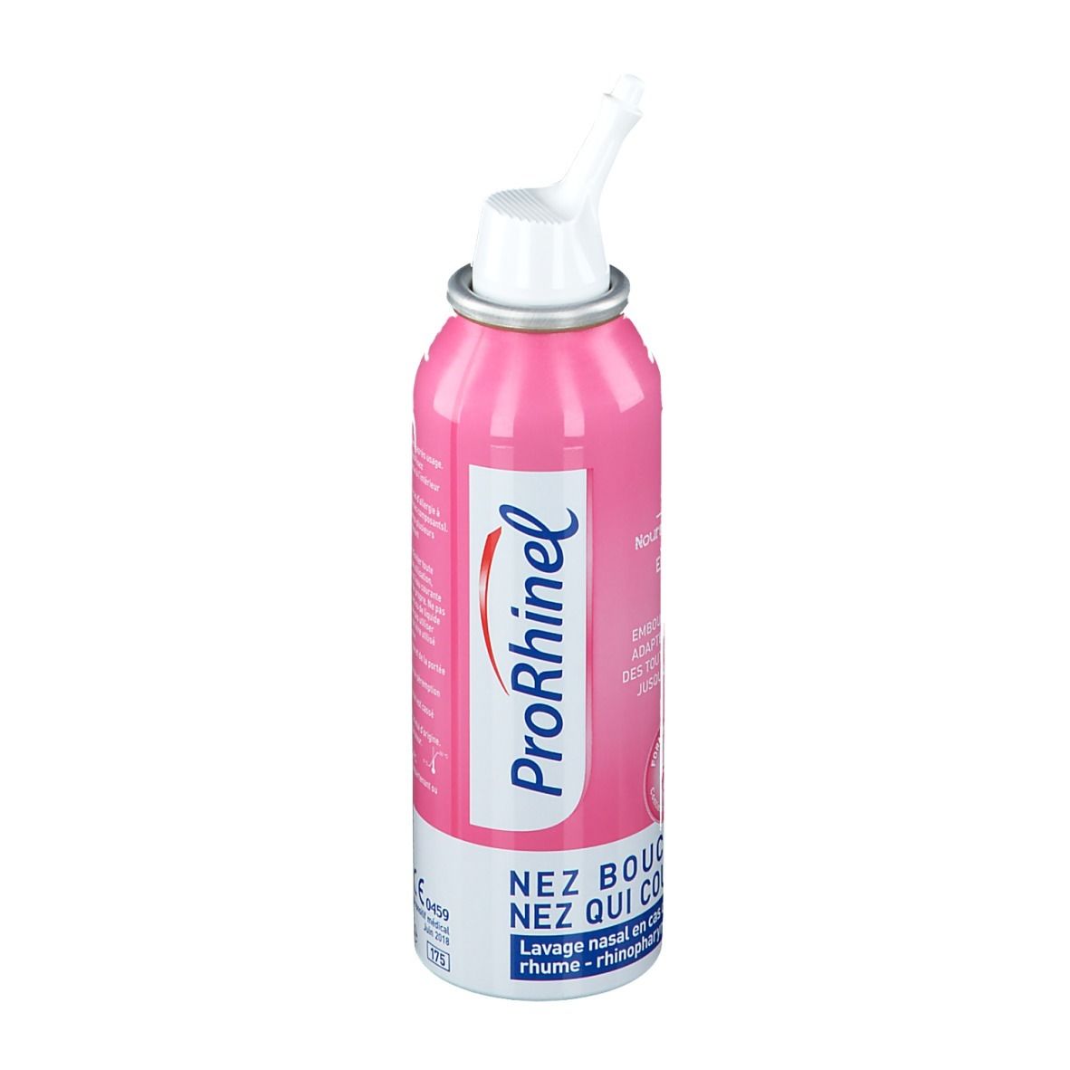 Spray rose avec embout blanc. Logo ProRhinel. Texte: Nez bouché, nez qui coule. Pour nourrissons et jeunes enfants.