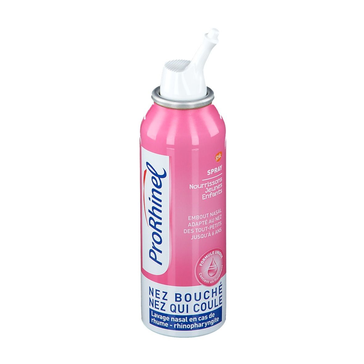 Spray rose avec embout blanc. Logo ProRhinel. Texte: Nez bouché, nez qui coule. Pour nourrissons et jeunes enfants.