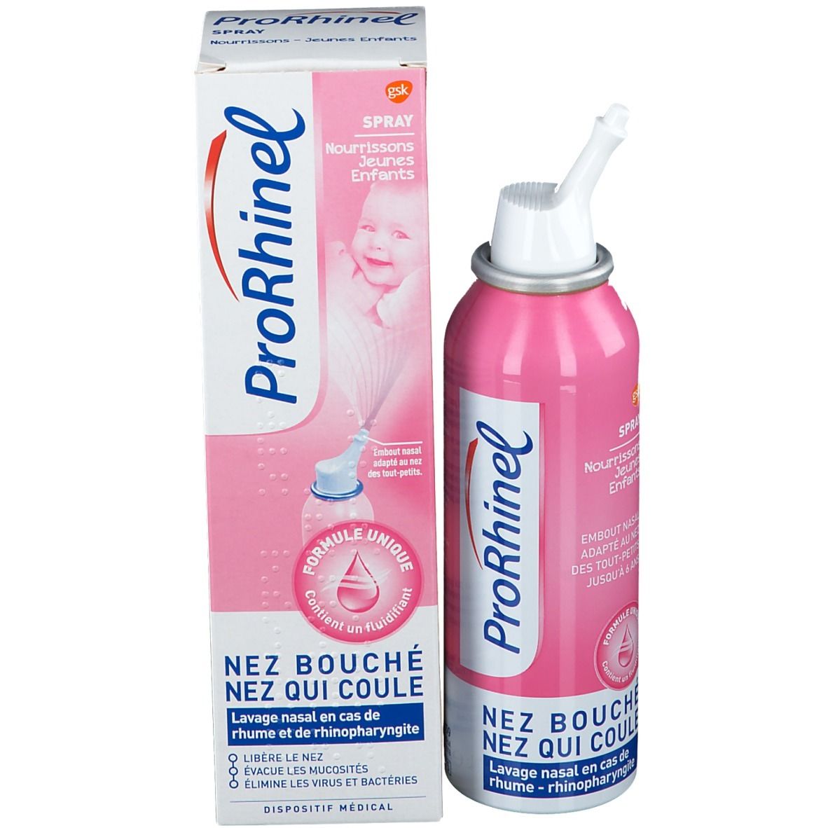 Spray ProRhinel et emballage. Flacon rose avec embout blanc. Emballage avec photo de bébé. Texte: Nez bouché, nez qui coule.