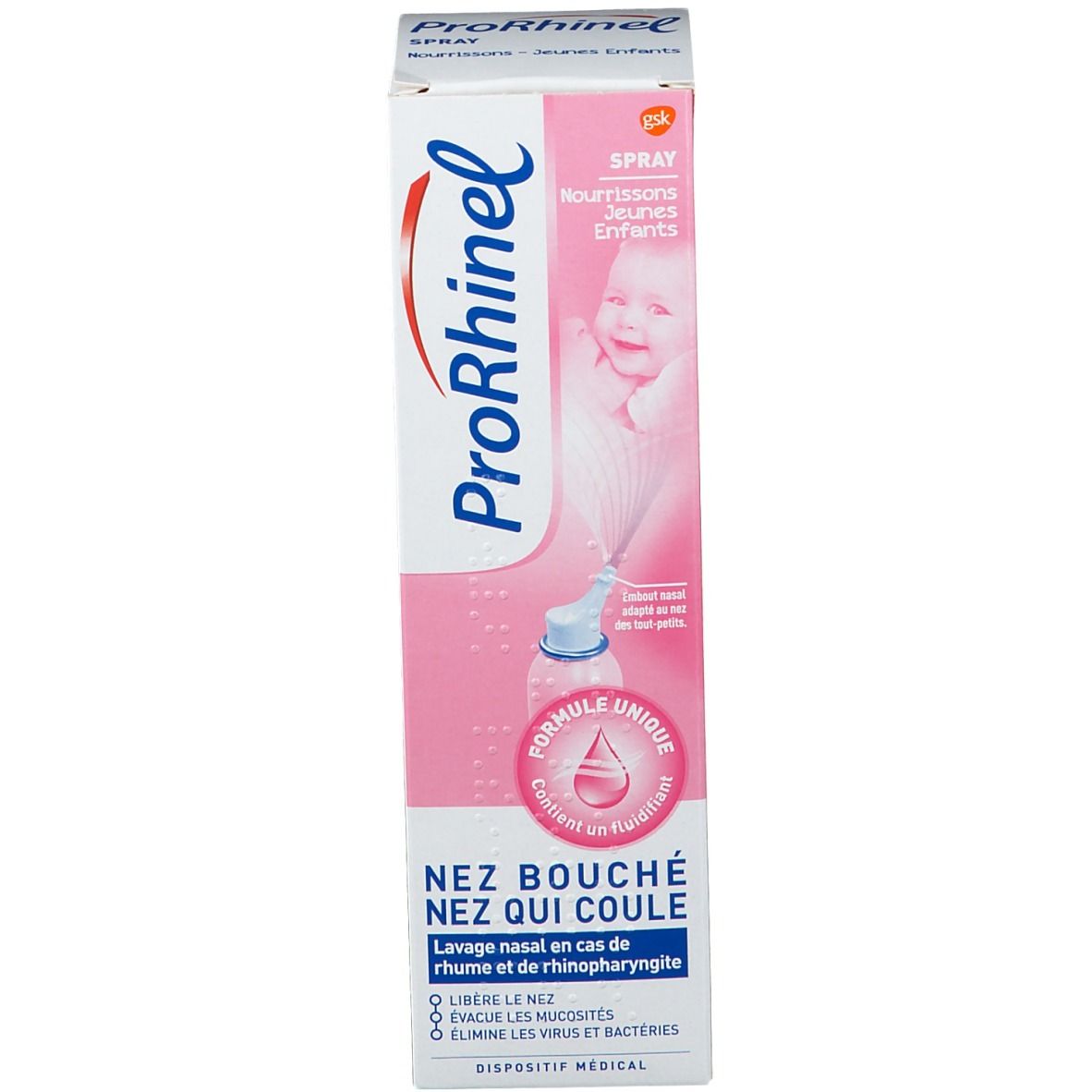 Emballage ProRhinel. Blanc avec accents roses. Photo de bébé. Texte: Nez bouché, nez qui coule. Informations produit.