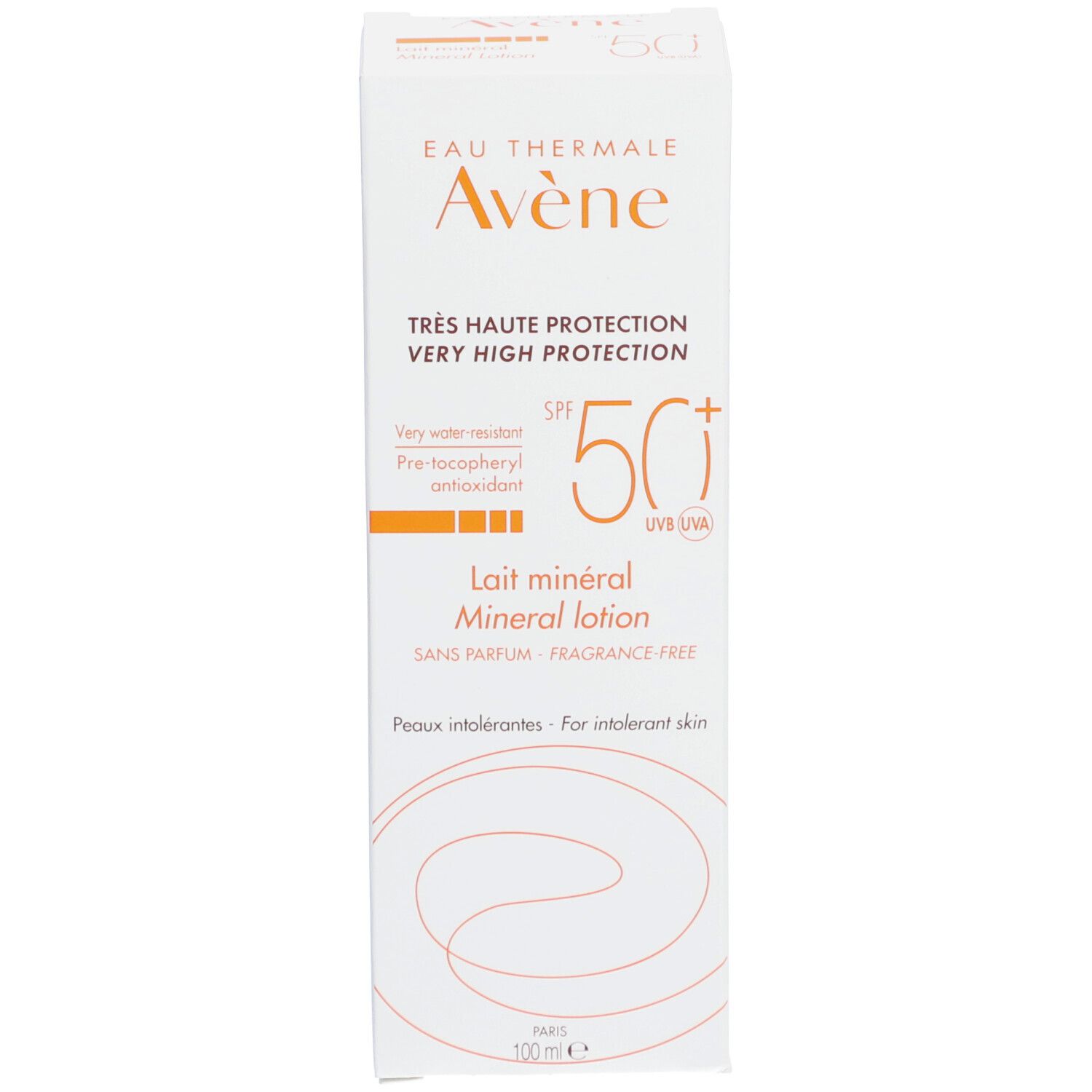 Emballage de crème solaire. Inscription: Eau Thermale Avène, Très Haute Protection, Lait minéral, SPF 50+. 100 ml.