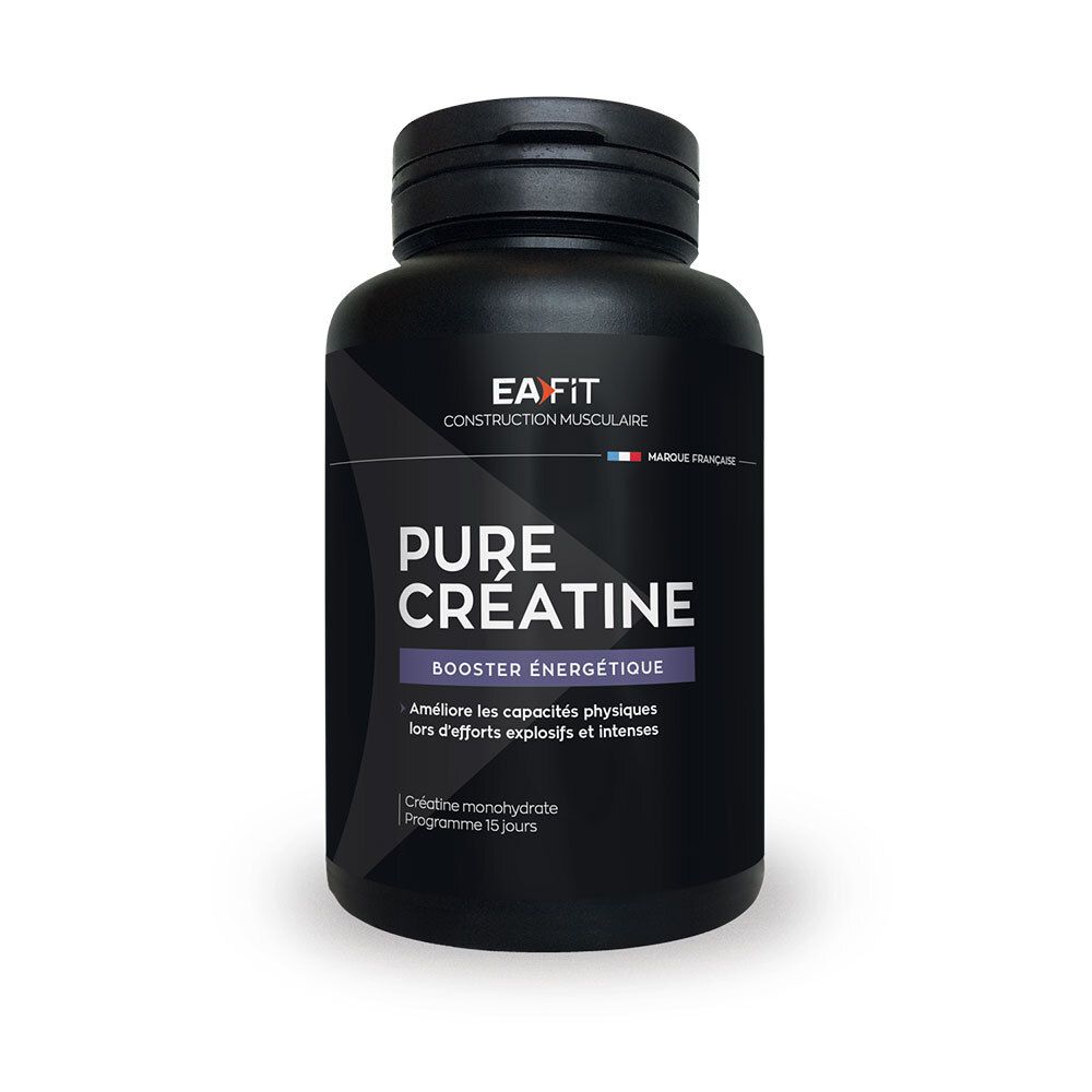 Zwarte fles EA Fit Pure Créatine. Zwarte dop. Tekst: Pure Créatine, Booster Energétique.