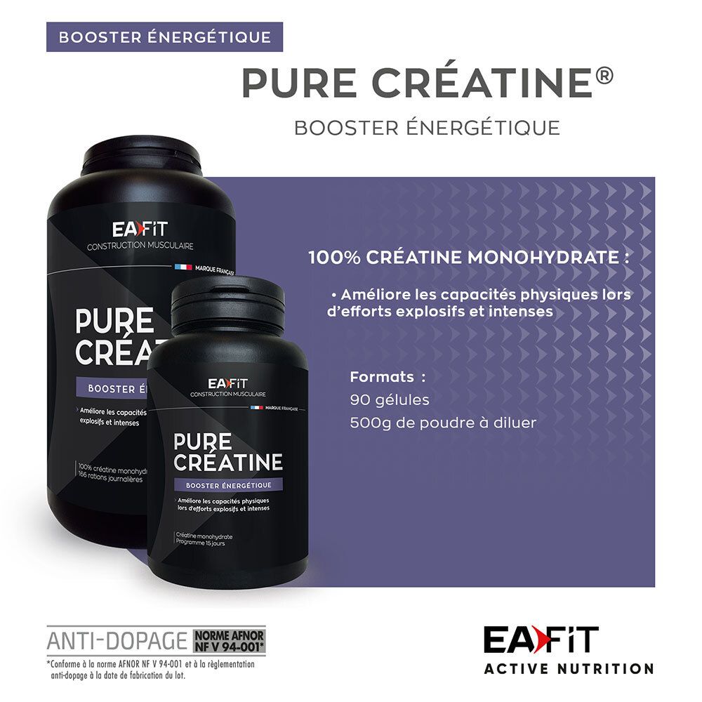 Twee flessen EA Fit Pure Créatine. Tekst: 100% Créatine Monohydrate, 90 capsules, 500g poeder.