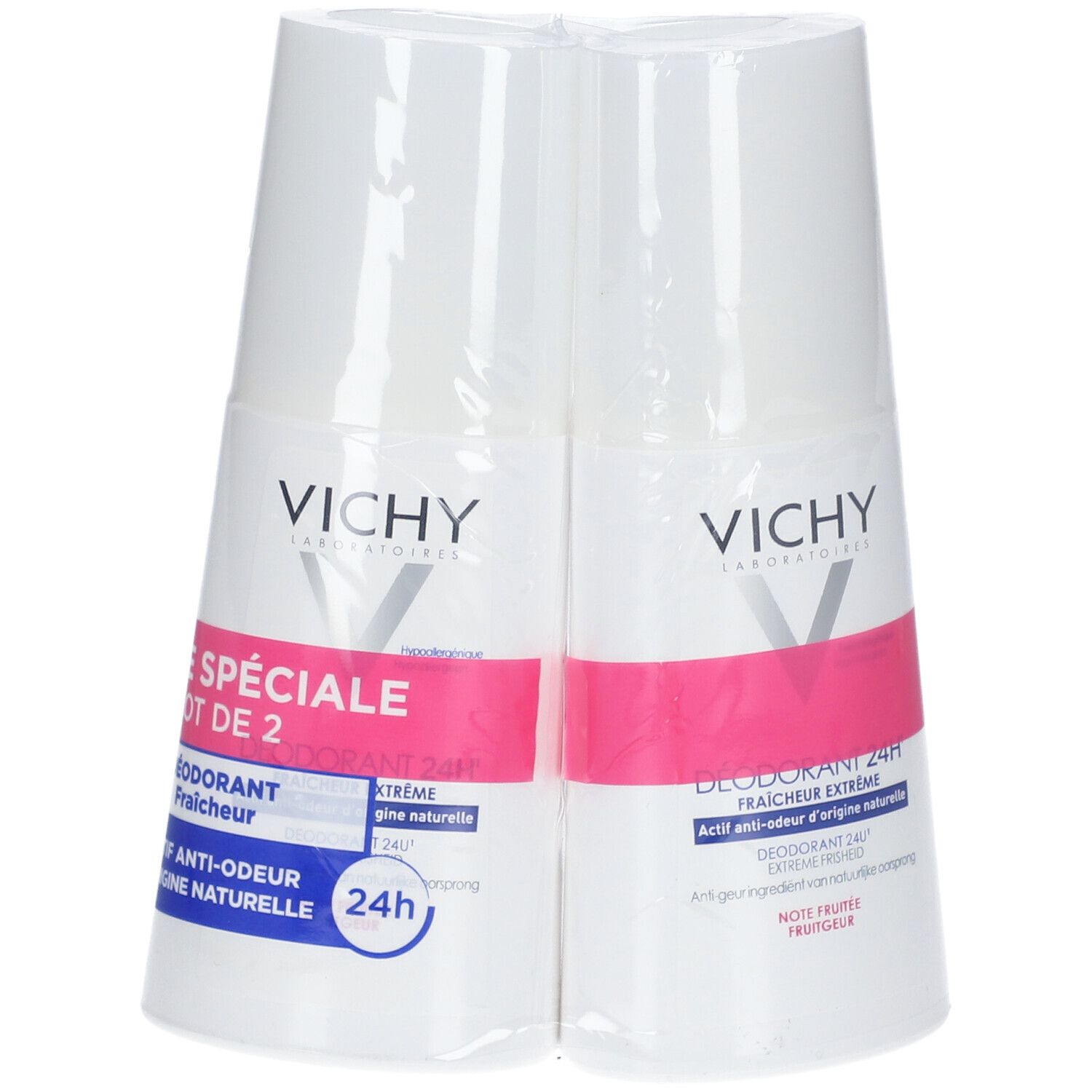 Deux déodorants roll-on emballés. Blanc avec accents roses. Inscription: Vichy, Offre Spéciale, Déodorant 24h Fraicheur Extreme.