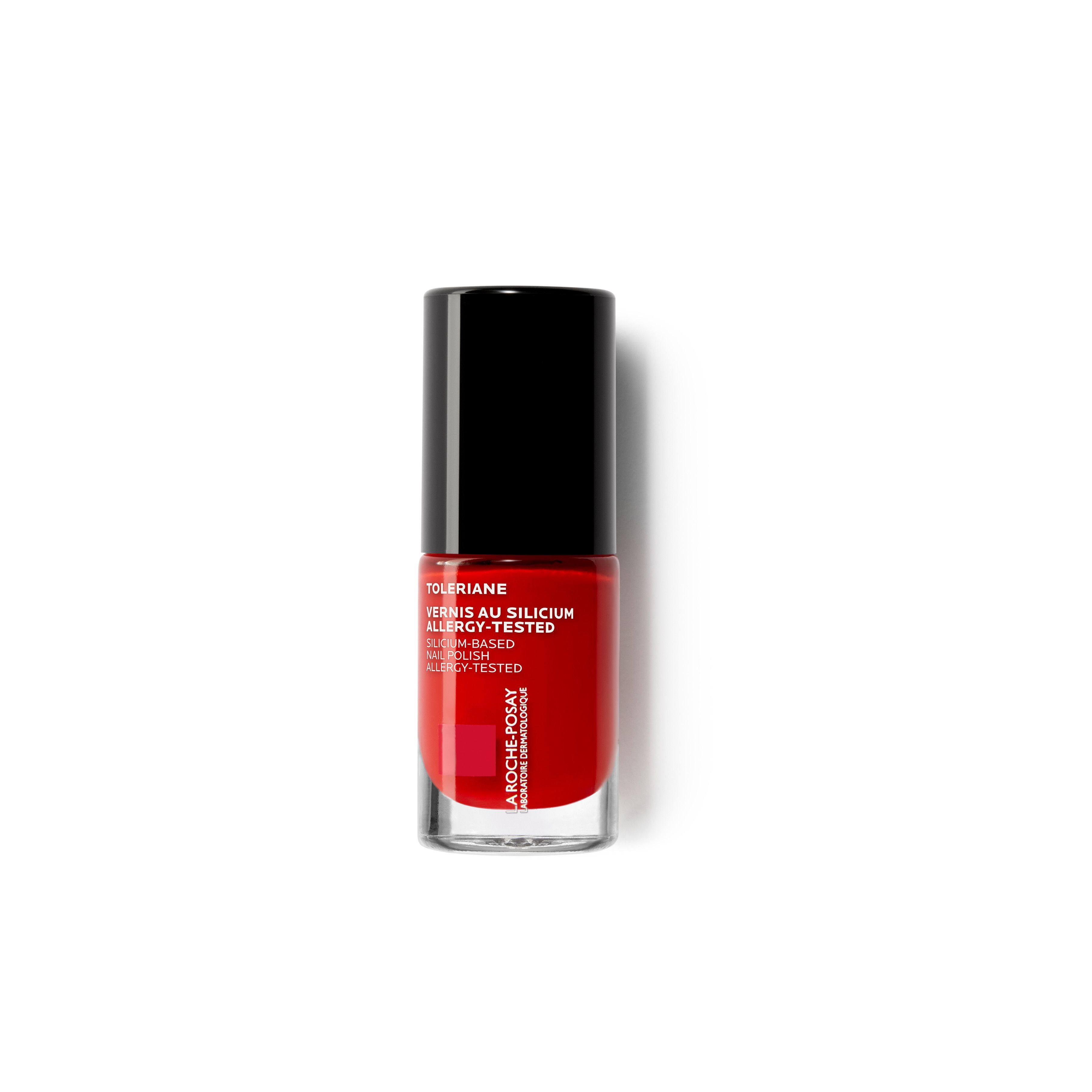 Rode nagellak met zwarte dop. Opschrift: Toleriane, Silicium, Allergy-Tested. Merk: La Roche-Posay.