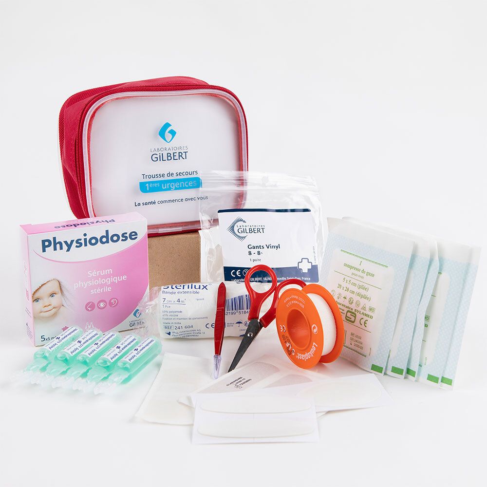 EHBO-tas met inhoud. Bevat: serum, pleisters, schaar, pincet, verband, handschoenen. Extra producten.