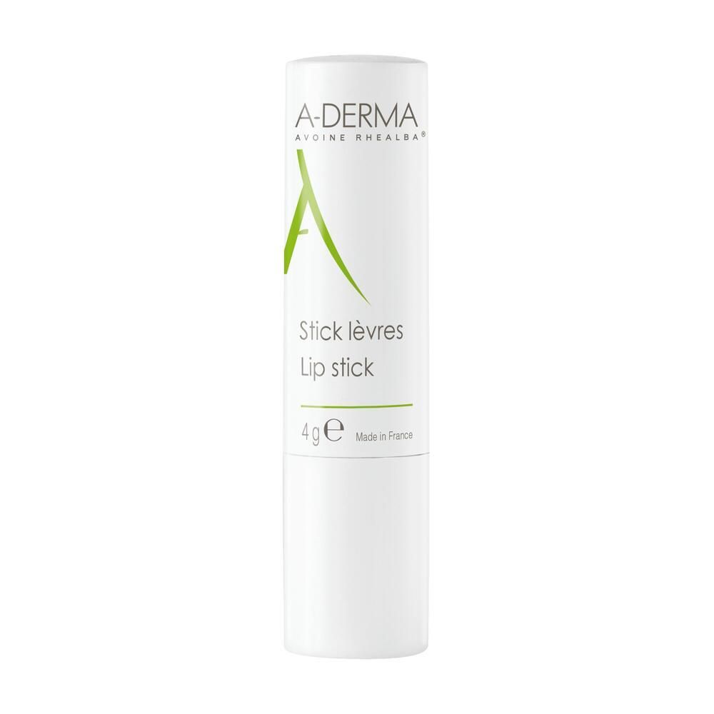 Stick lèvres blanc. Inscription verte: A-DERMA, Stick lèvres, Lip stick, 4g. Fabriqué en France.