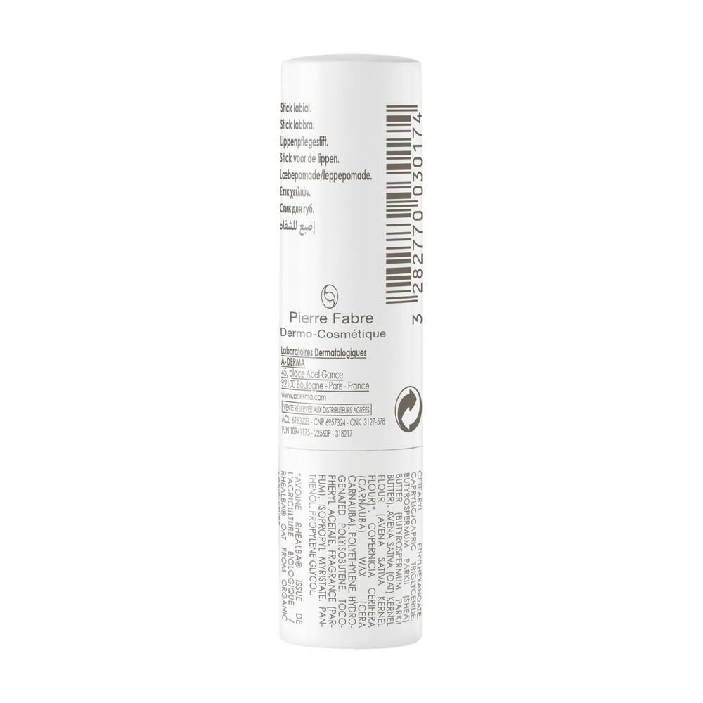 Dos du stick lèvres. Texte multilingue. Pierre Fabre, Cosmétique. Informations et pictogrammes.