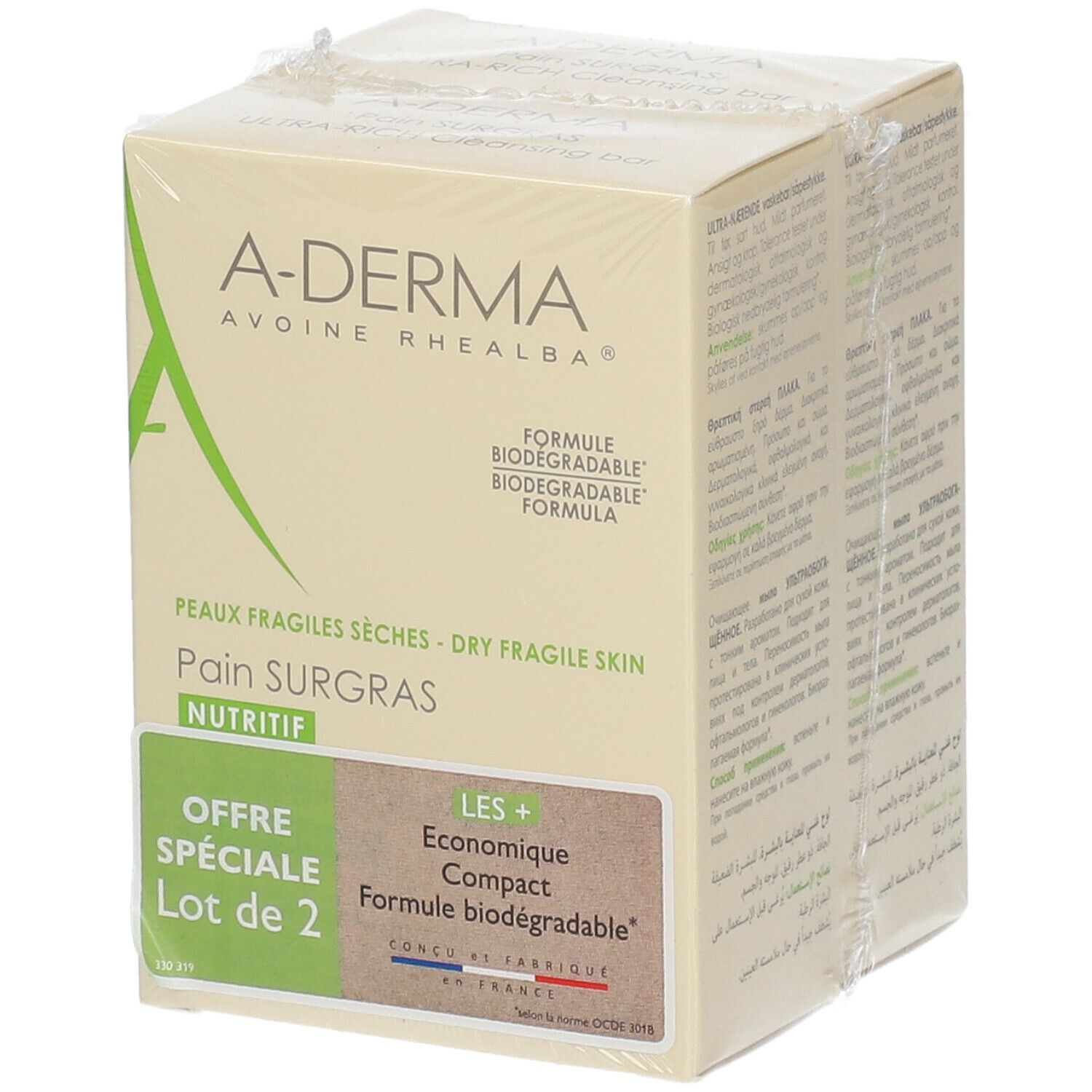 Emballage sous film A-Derma. Inscriptions : "Offre Spéciale Lot de 2", "Pain Surgras Nutritif", et "Formule biodégradable".