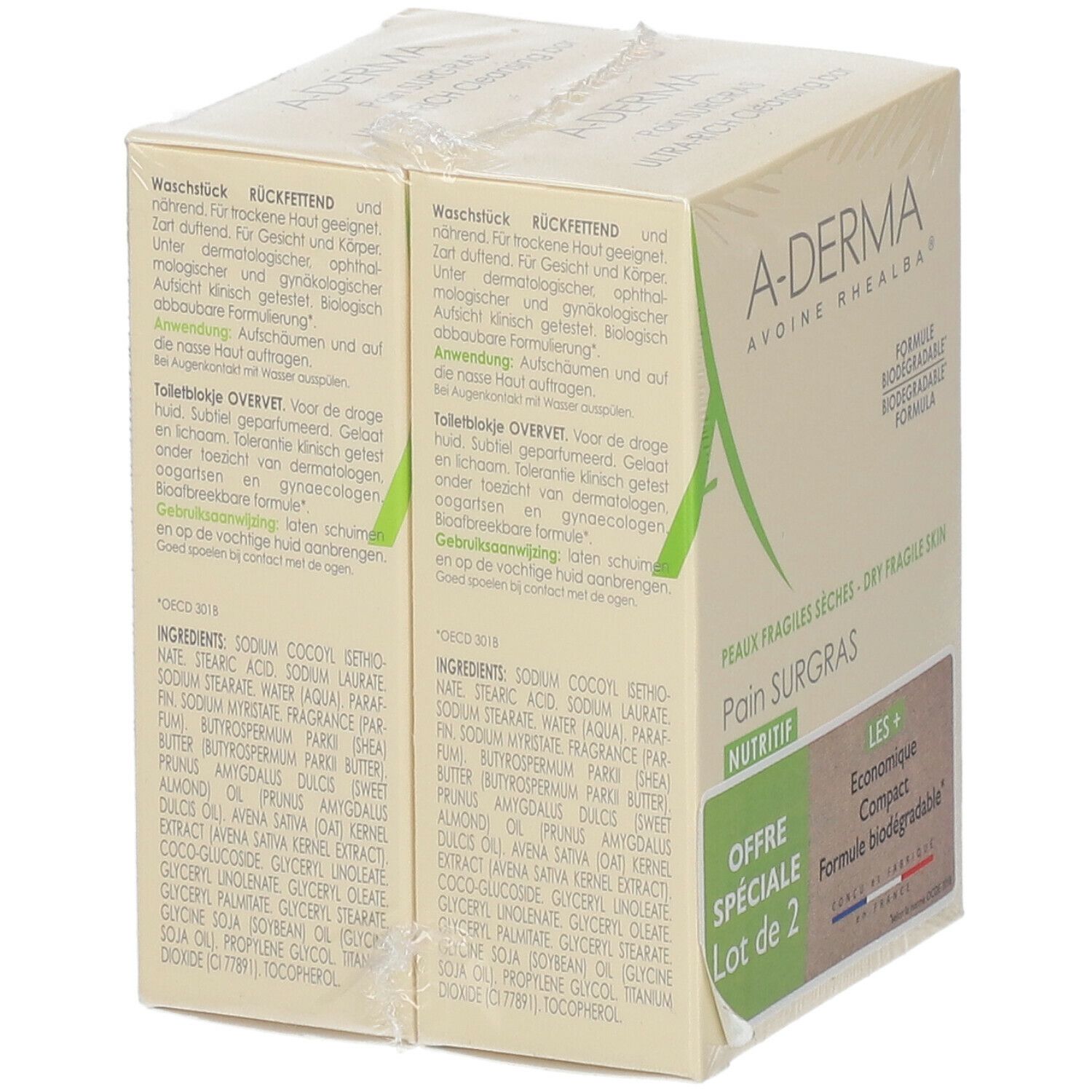 Emballage sous film A-Derma. Verso avec texte. "Offre Spéciale Lot de 2", "Pain Surgras Nutritif", et "Formule biodégradable".