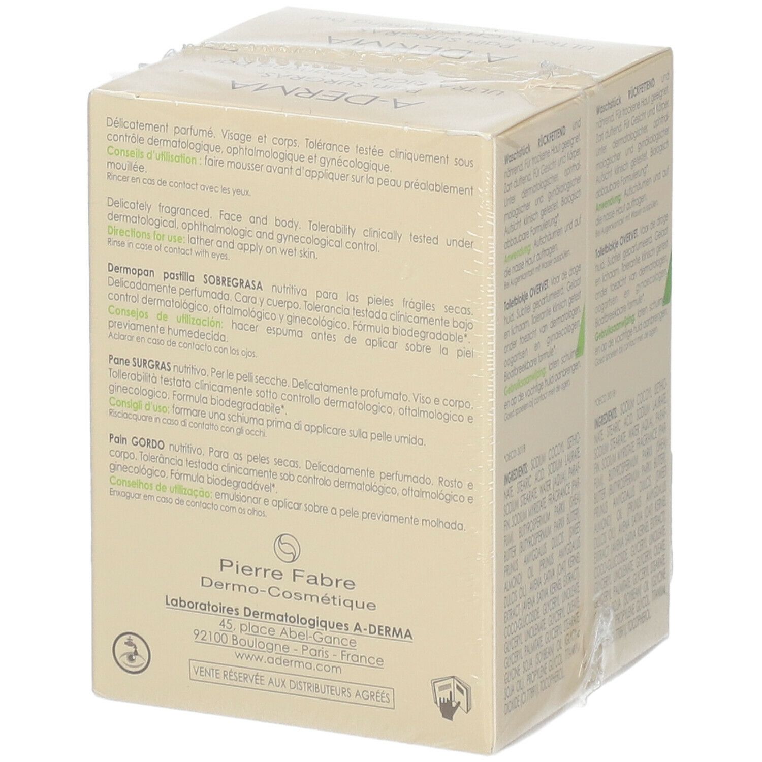 Emballage sous film A-Derma. Verso avec texte. "Offre Spéciale Lot de 2", "Pain Surgras Nutritif", et "Formule biodégradable".