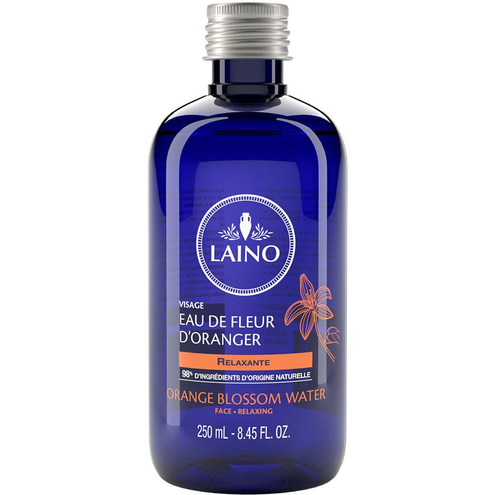 Flacon bleu avec bouchon argenté. Inscription : Laino, Eau de Fleur d'Oranger, Orange Blossom Water. 250 ml.