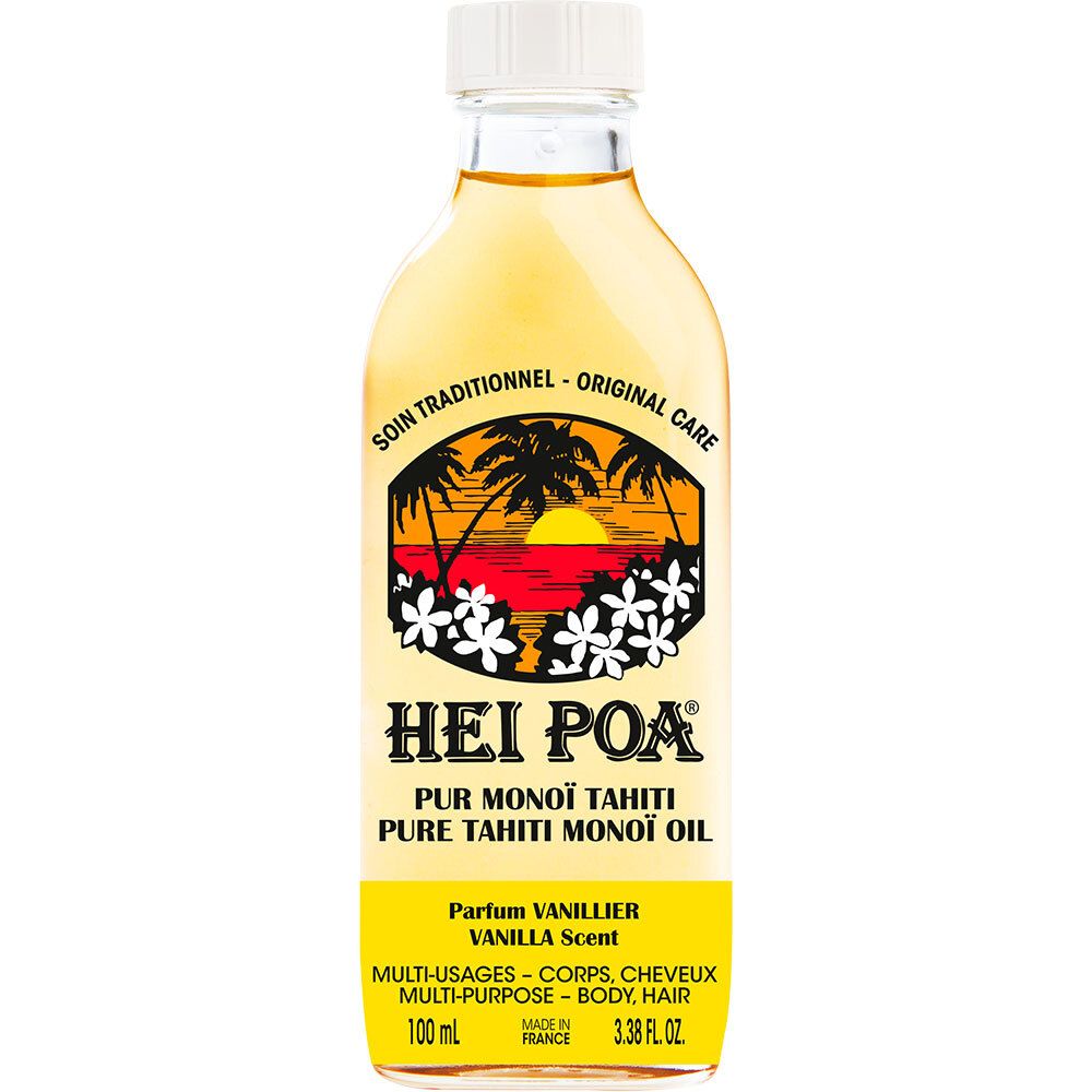 Flacon d'huile HEI POA® Vanille. Étiquette jaune avec logo et texte. Flacon transparent avec bouchon blanc.
