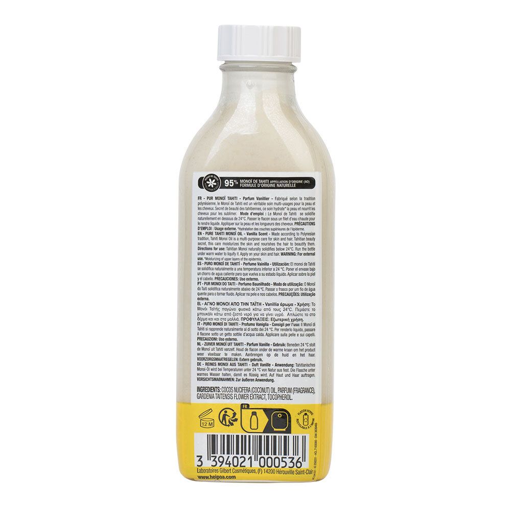 Achterkant van de fles HEI POA® Vanille olie. Witachtige vloeistof. Etiket met tekst, ingrediënten en 95% natuurlijke oorsprong.