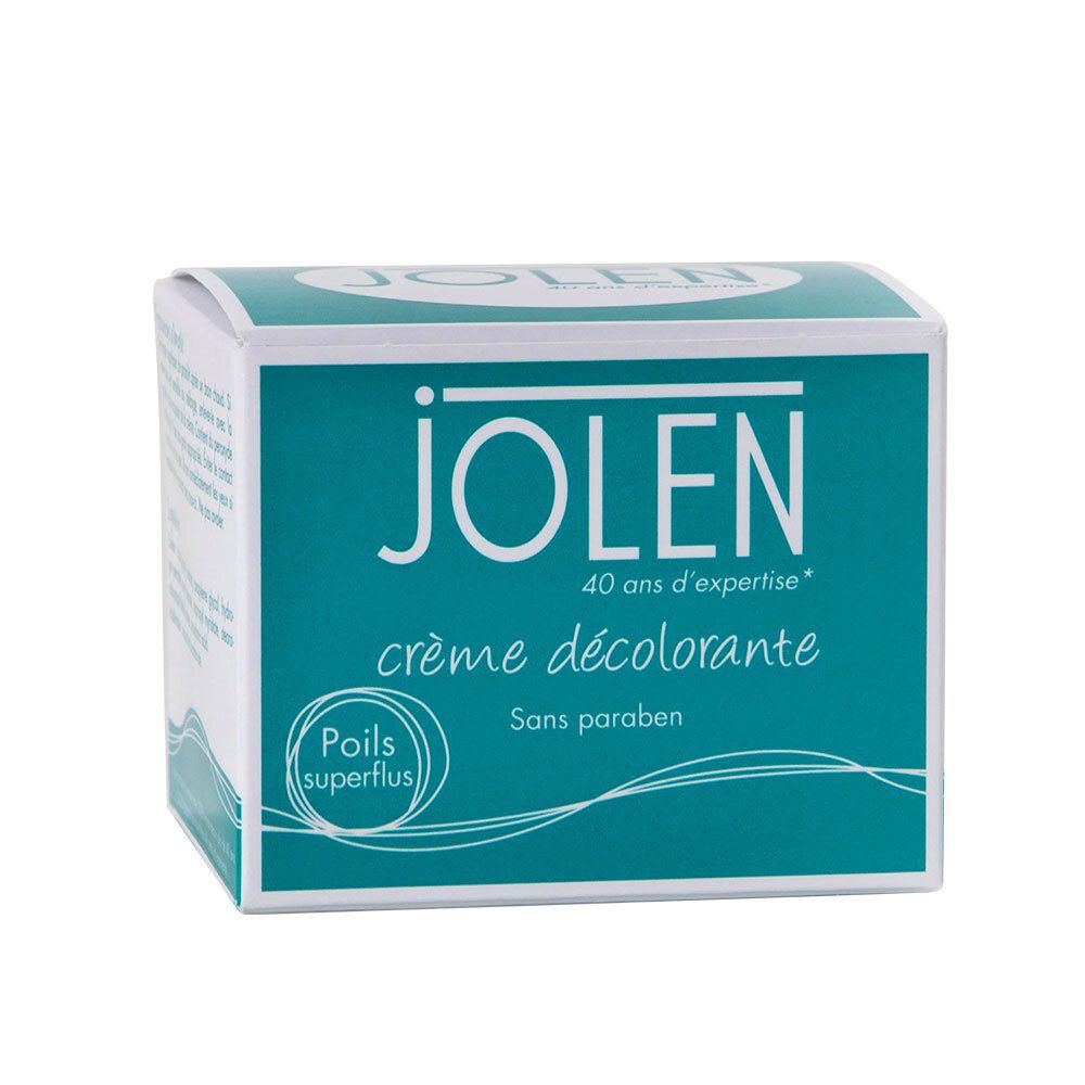 Boîte "JOLEN crème décolorante". Texte en français. Design turquoise et blanc. Sans parabène.
