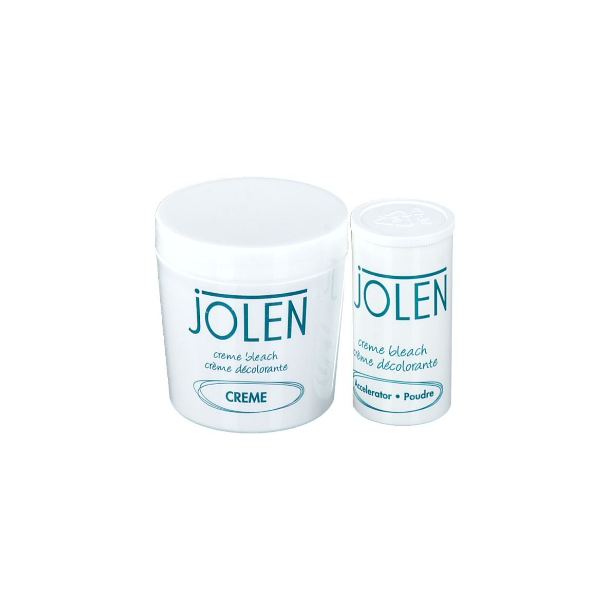 Deux contenants blancs de JOLEN crème décolorante. Un grand avec "CRÈME", un petit avec "Poudre".