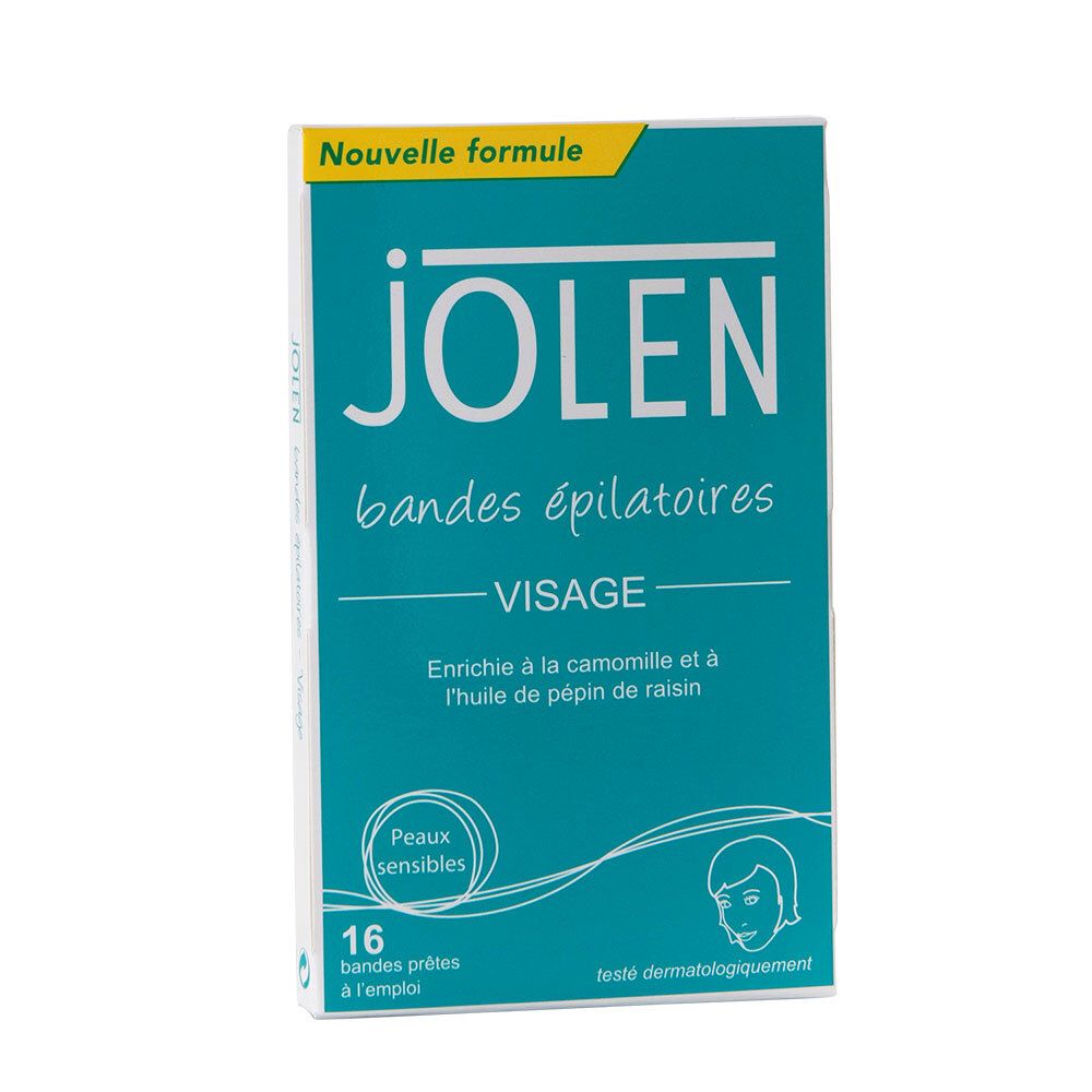 Boîte turquoise et blanche "JOLEN". "Bandes épilatoires" et "VISAGE". 16 bandes, testé dermatologiquement. Nouvelle formule.