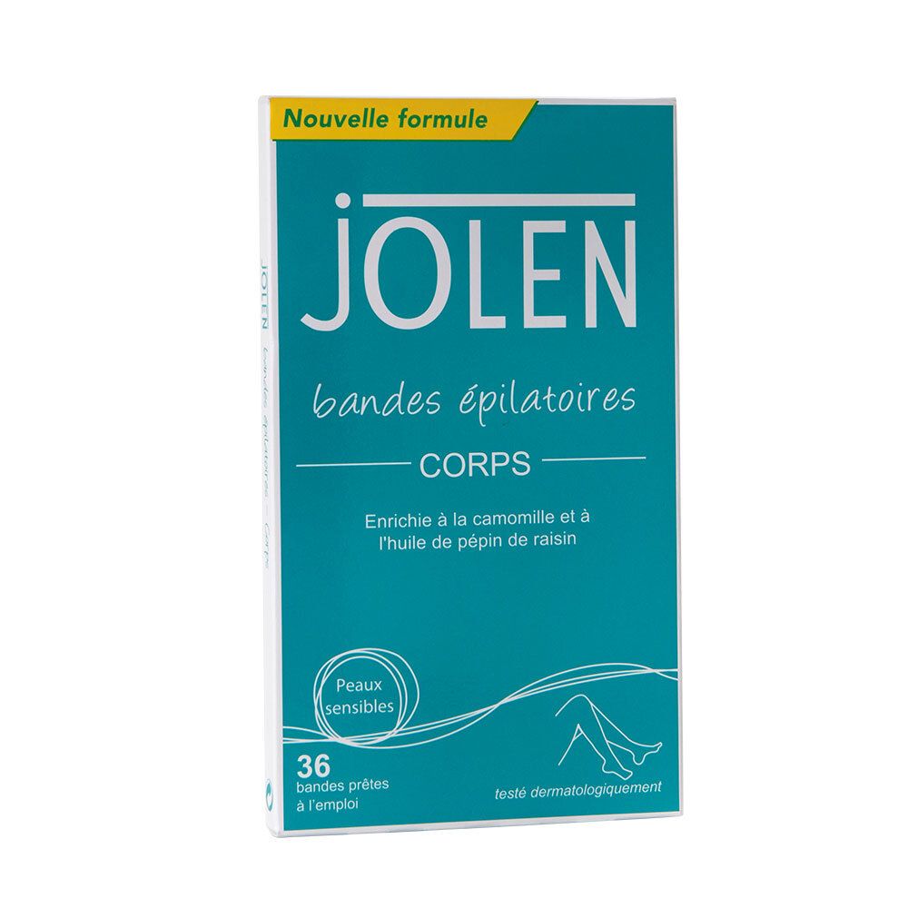Boîte turquoise avec logo JOLEN et 'bandes épilatoires CORPS'. Contient 36 bandes. Testé dermatologiquement.