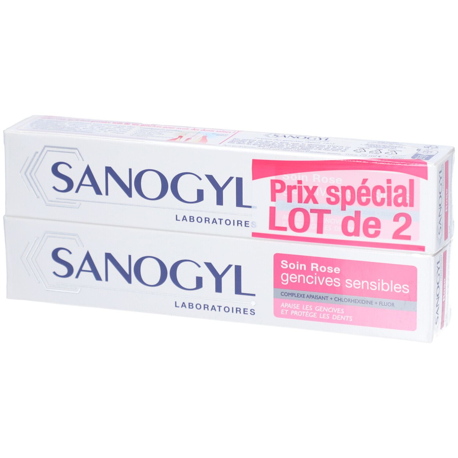 Twee tubes SANOGYL tandpasta. Roze opdruk, "LOT de 2".