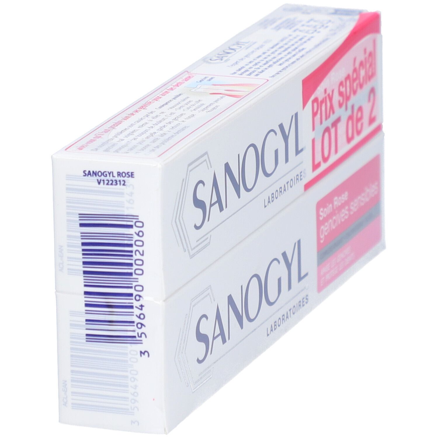 Twee tubes SANOGYL tandpasta, schuin. Streepjescode en productnaam.