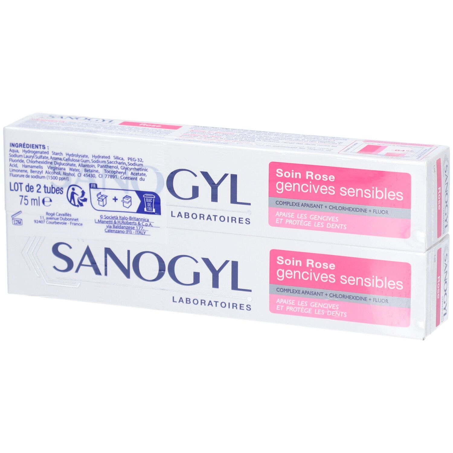 Twee tubes SANOGYL tandpasta. Ingrediënten en roze opdruk.