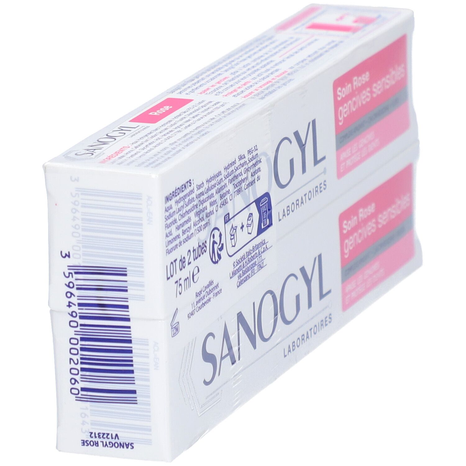 Twee tubes SANOGYL tandpasta, schuin. Ingrediënten en streepjescode.
