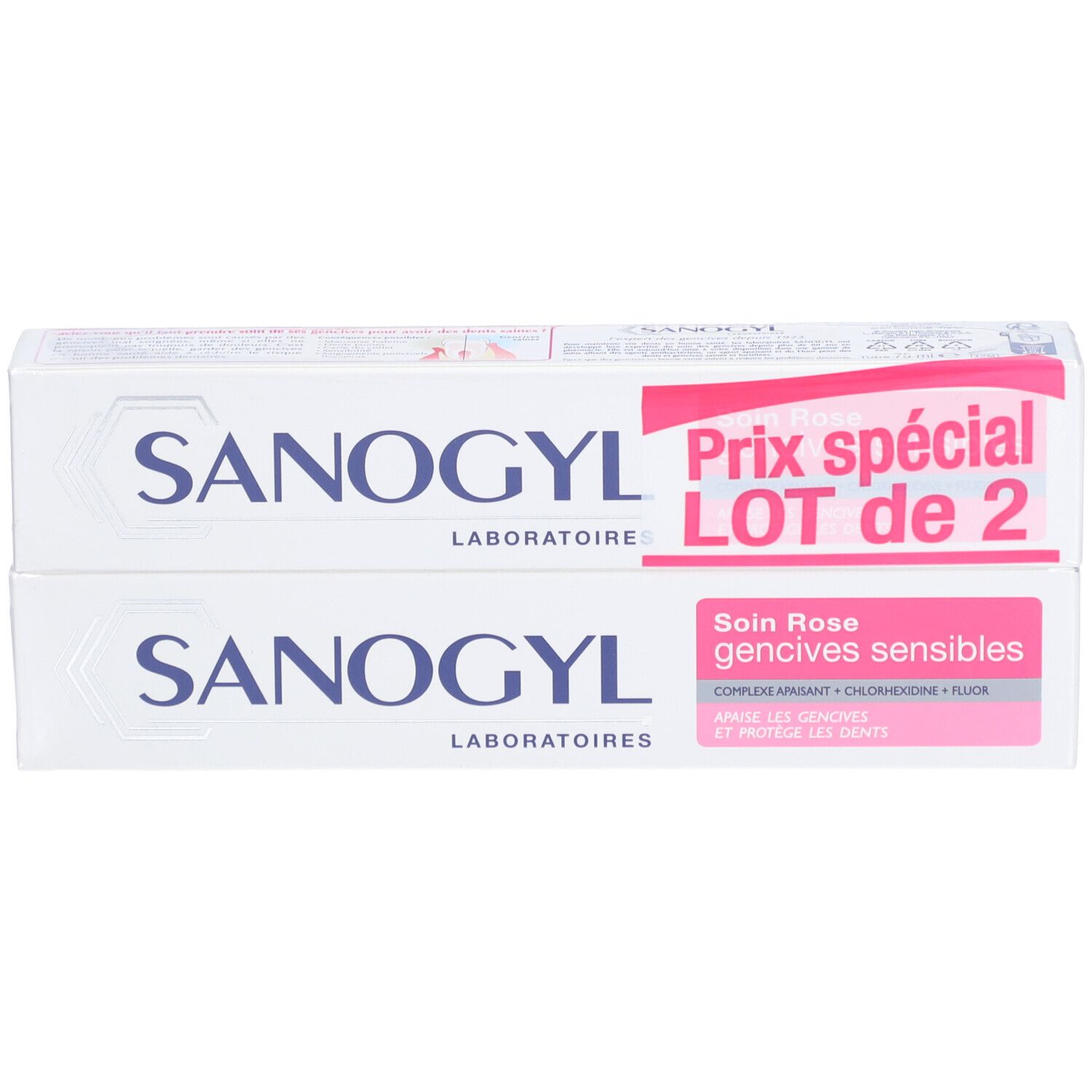 Twee tubes SANOGYL tandpasta. Roze opdruk, "LOT de 2".