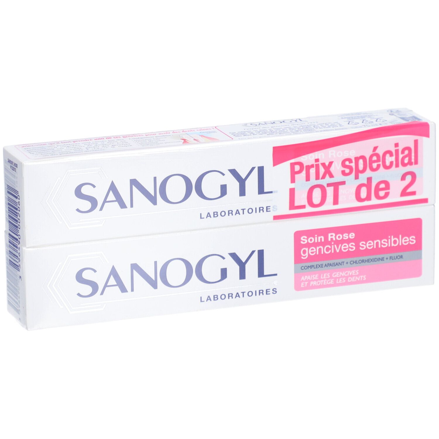 Twee tubes SANOGYL tandpasta. Roze opdruk, "LOT de 2".
