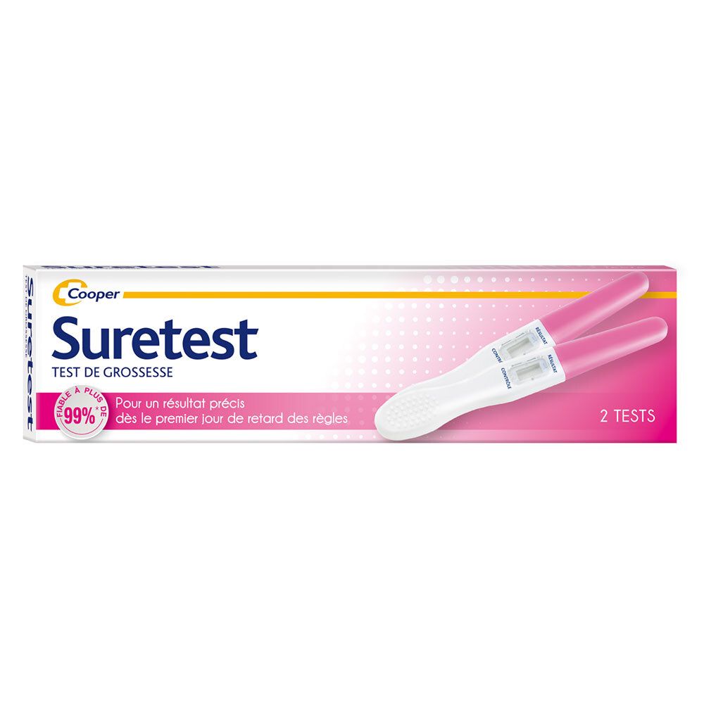 Boîte de test de grossesse Suretest. Contient deux tests. Emballage rose et blanc avec texte.