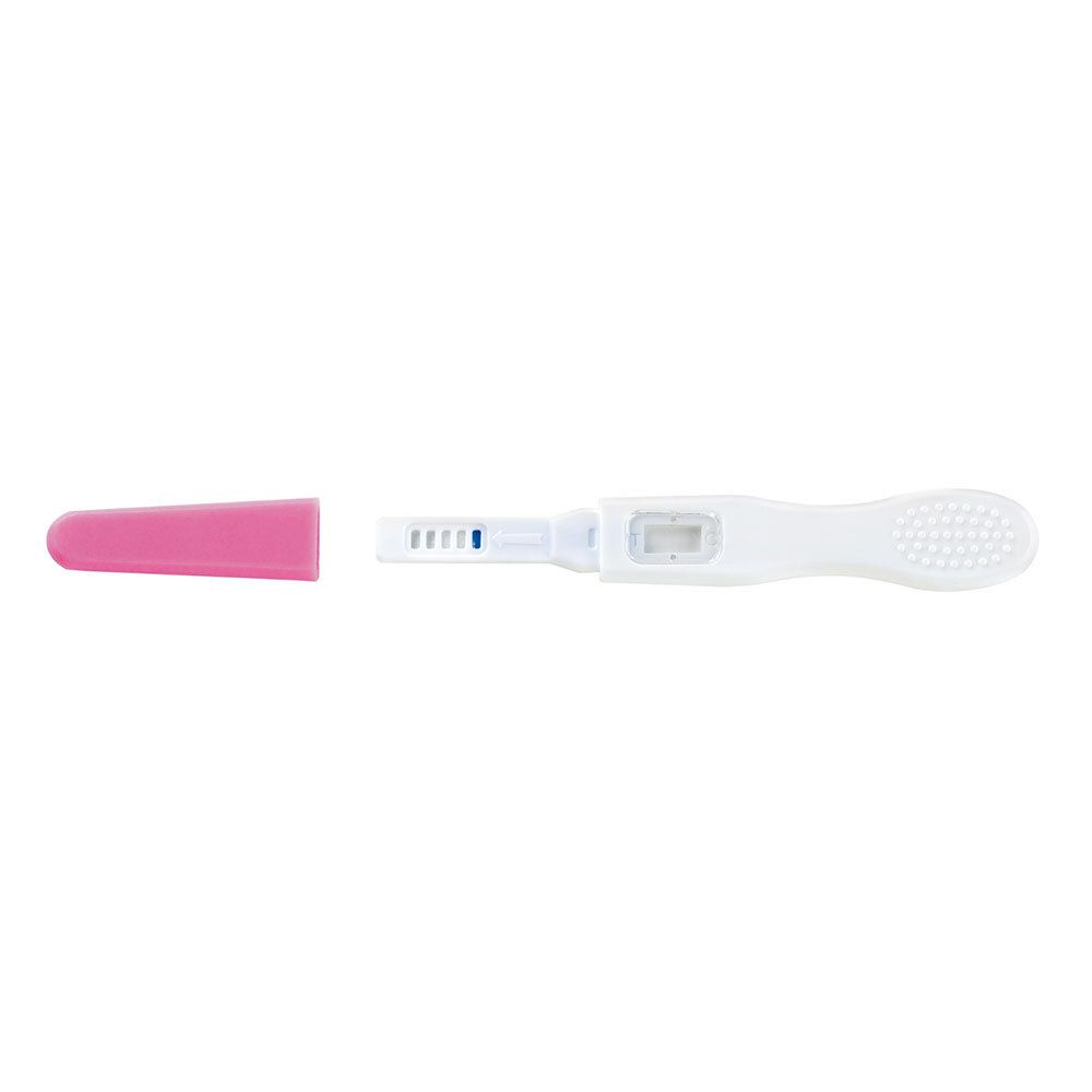 Test de grossesse blanc avec capuchon rose. Zone de test visible.