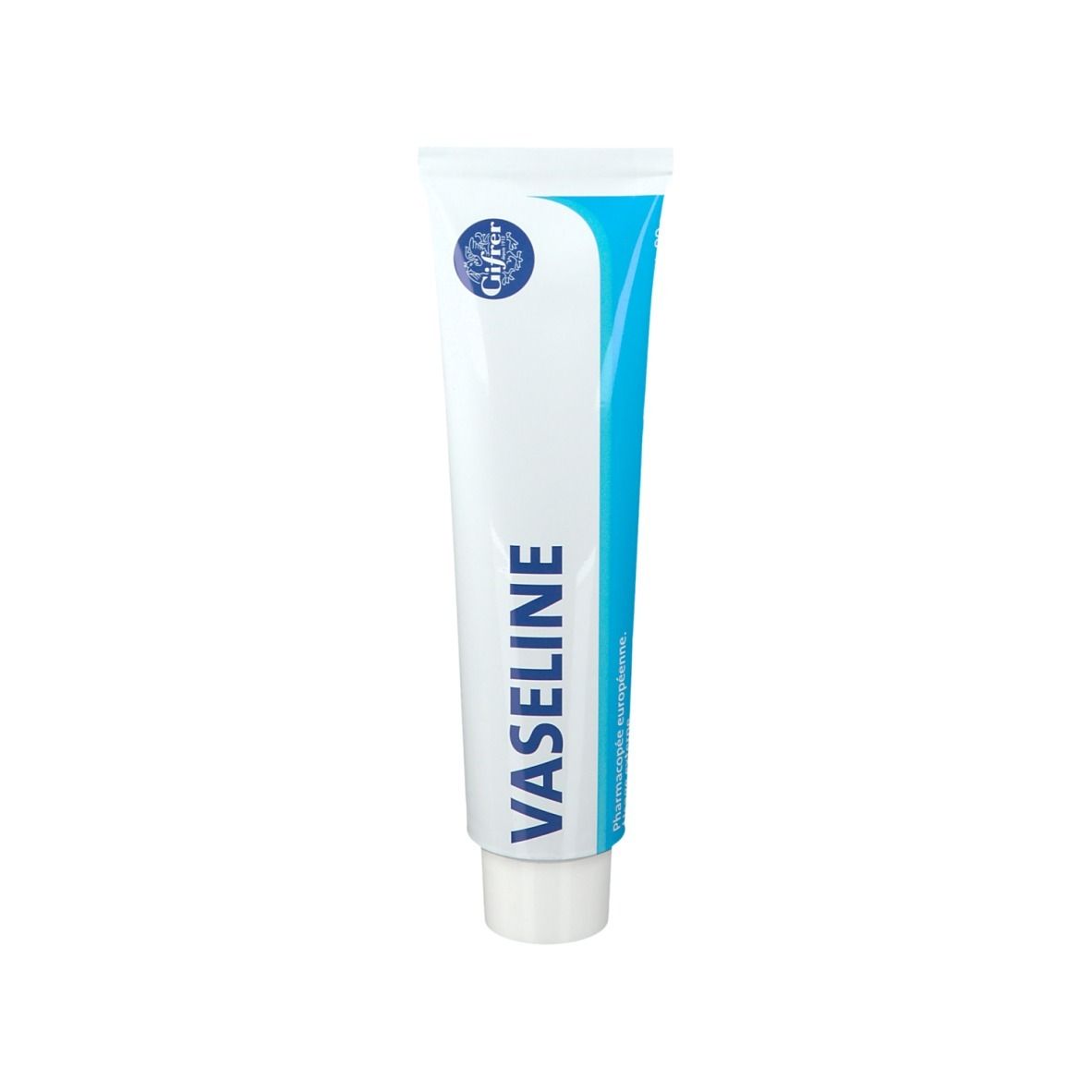 Tube de vaseline blanche. Emballage bleu et blanc. Inscription: Vaseline.