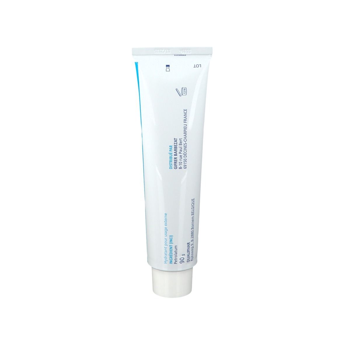 Tube de vaseline blanche. Dos avec texte et logo.