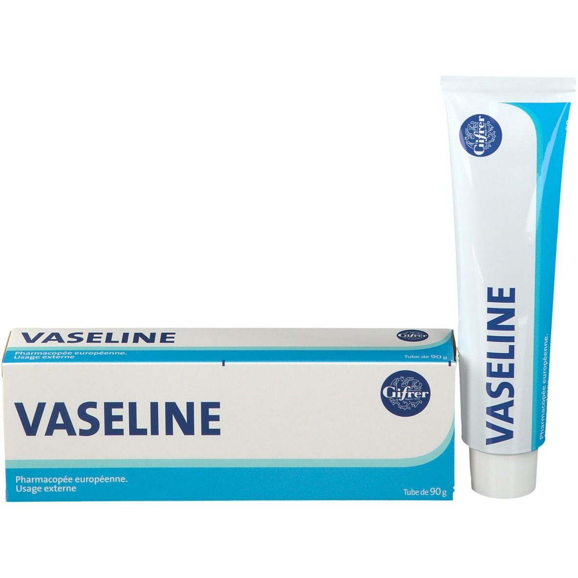 Tube et boîte de vaseline blanche. Inscription: Vaseline. Emballage: bleu et blanc.