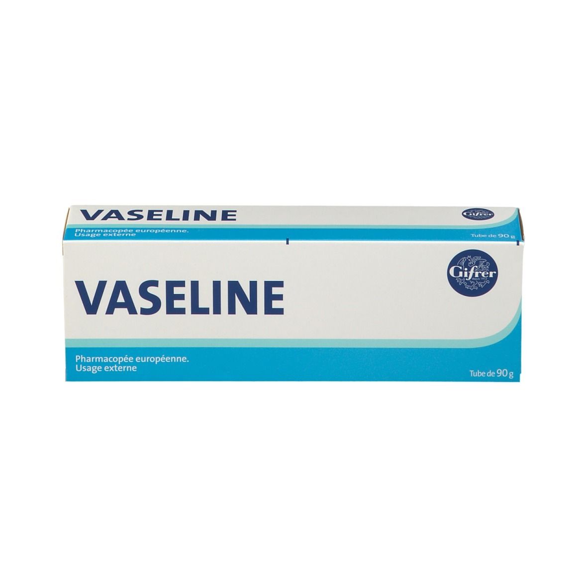 Boîte de vaseline blanche. Inscription: Vaseline. Emballage: bleu et blanc.