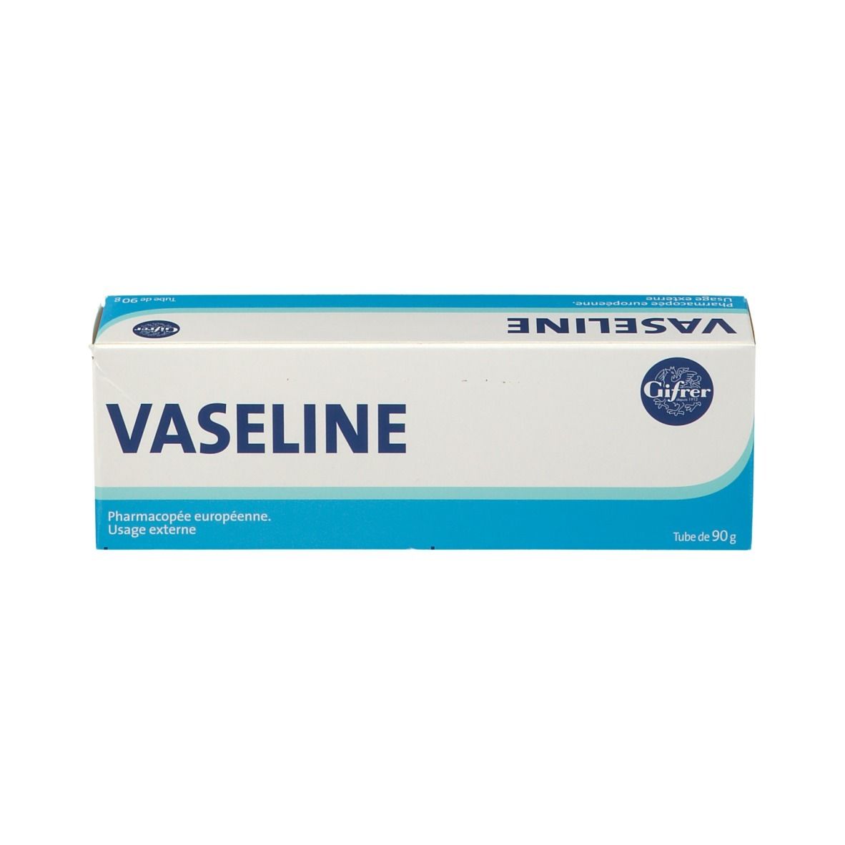 Boîte de vaseline blanche. Inscription: Vaseline. Emballage: bleu et blanc.