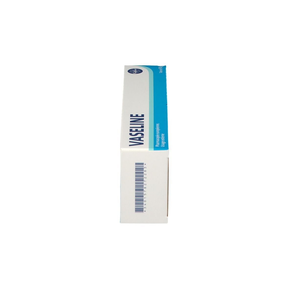 Boîte de vaseline blanche, verticale. Inscription: Vaseline. Emballage: bleu et blanc.