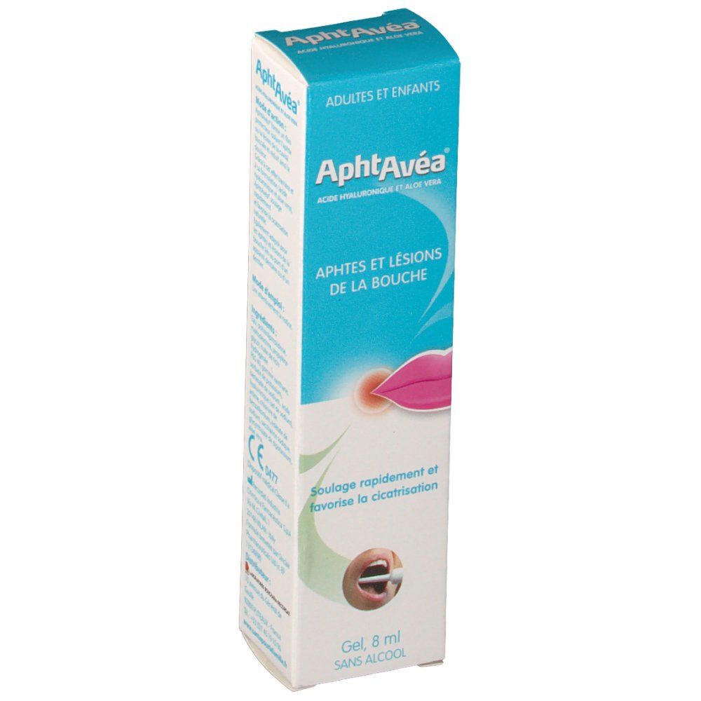 Doosje AphtAvéa Gel. Opschrift: AphtAvéa, voor volwassenen en kinderen, tegen aften en mondletsels. 8 ml.
