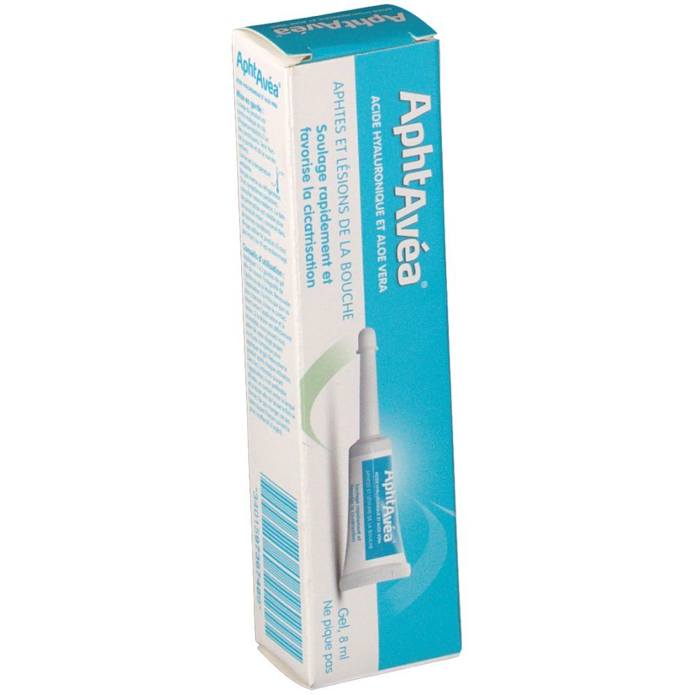 AphtAvéa Gel verpakking met tube. Opschrift: AphtAvéa, tegen aften en mondletsels. Gel, 8 ml. Prik niet.
