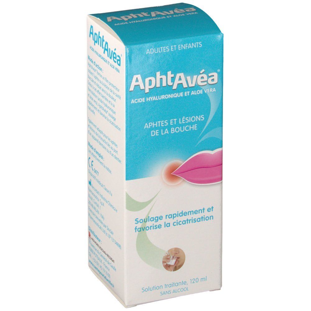 Boîte AphtAvéa. Emballage bleu et blanc avec nom du produit et illustration d'une lèvre.