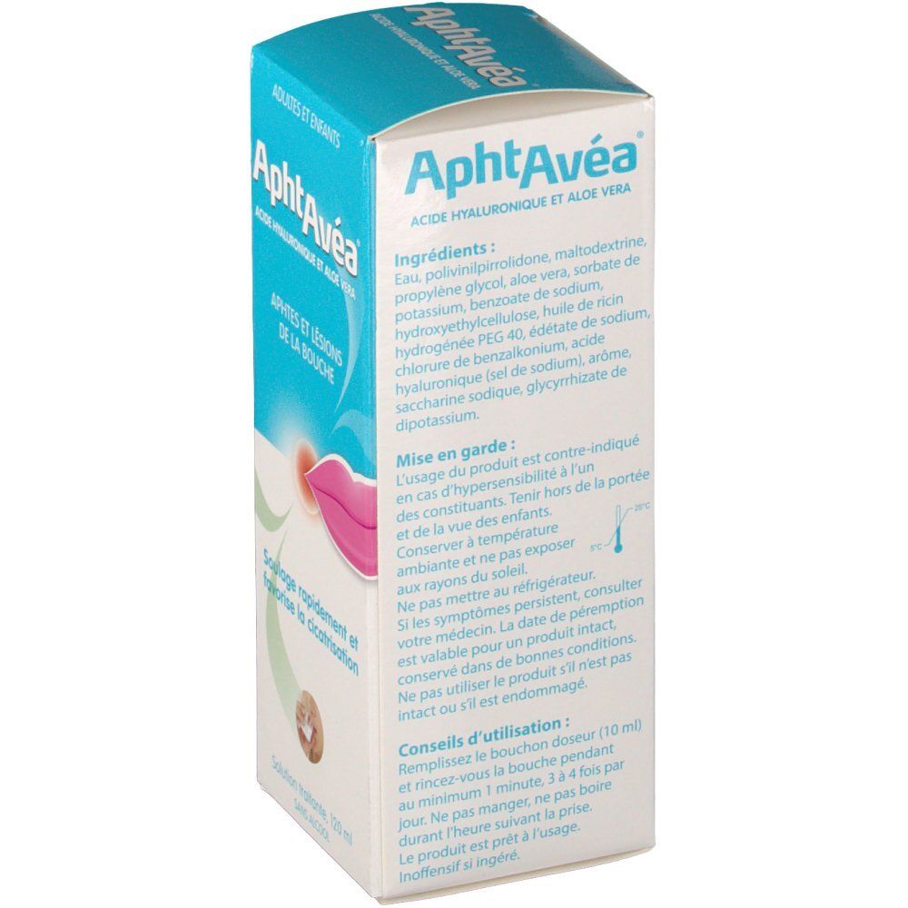 Dos de l'emballage AphtAvéa. Contient ingrédients, avertissements et mode d'emploi.