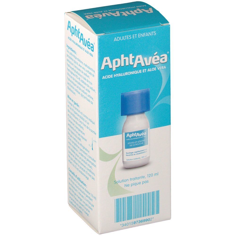 Flacon AphtAvéa et emballage. Flacon blanc avec bouchon bleu, dans une boîte.