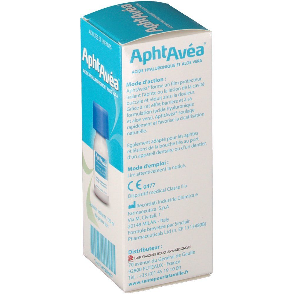 Dos de l'emballage AphtAvéa. Contient informations d'utilisation et fabricant.
