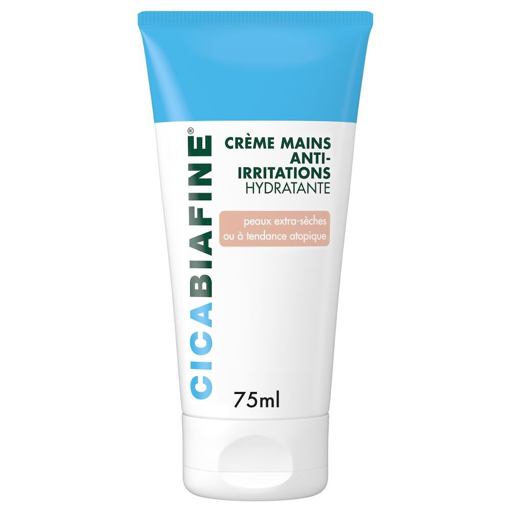 Tube de crème mains CicaBiafine®. Blanc, bleu et beige. Texte: Crème Mains Anti-Irritations Hydratante. 75ml.