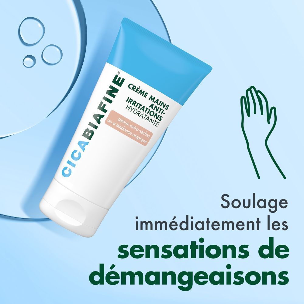 Tube de crème mains CicaBiafine®. Texte: Crème Mains Anti-Irritations Hydratante. Soulage immédiatement les démangeaisons. Main.