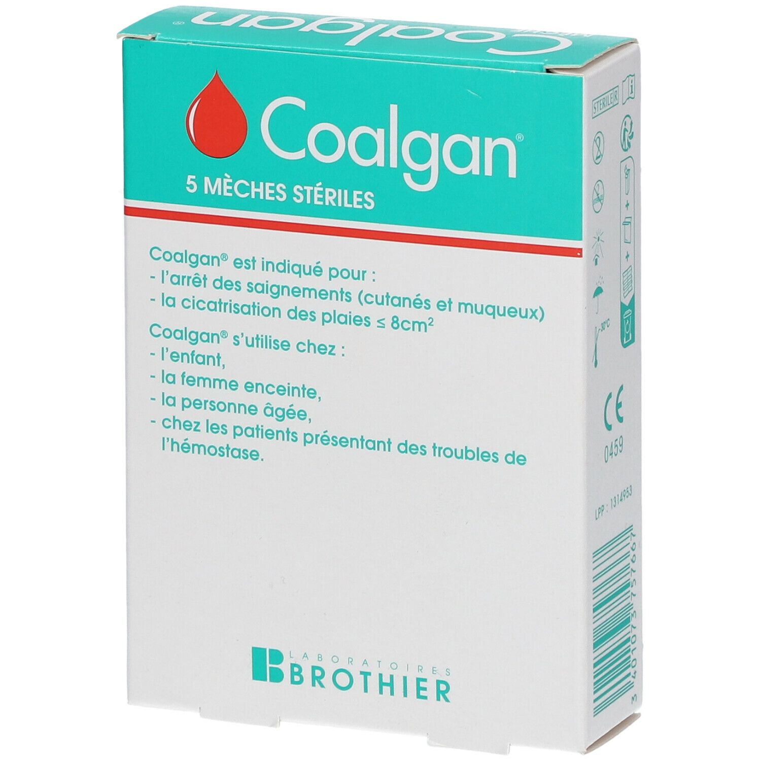 Boîte Coalgan. Boîte turquoise et blanche avec goutte rouge, texte 5 Mèches stériles. Laboratoires Brothier. Marquage CE.
