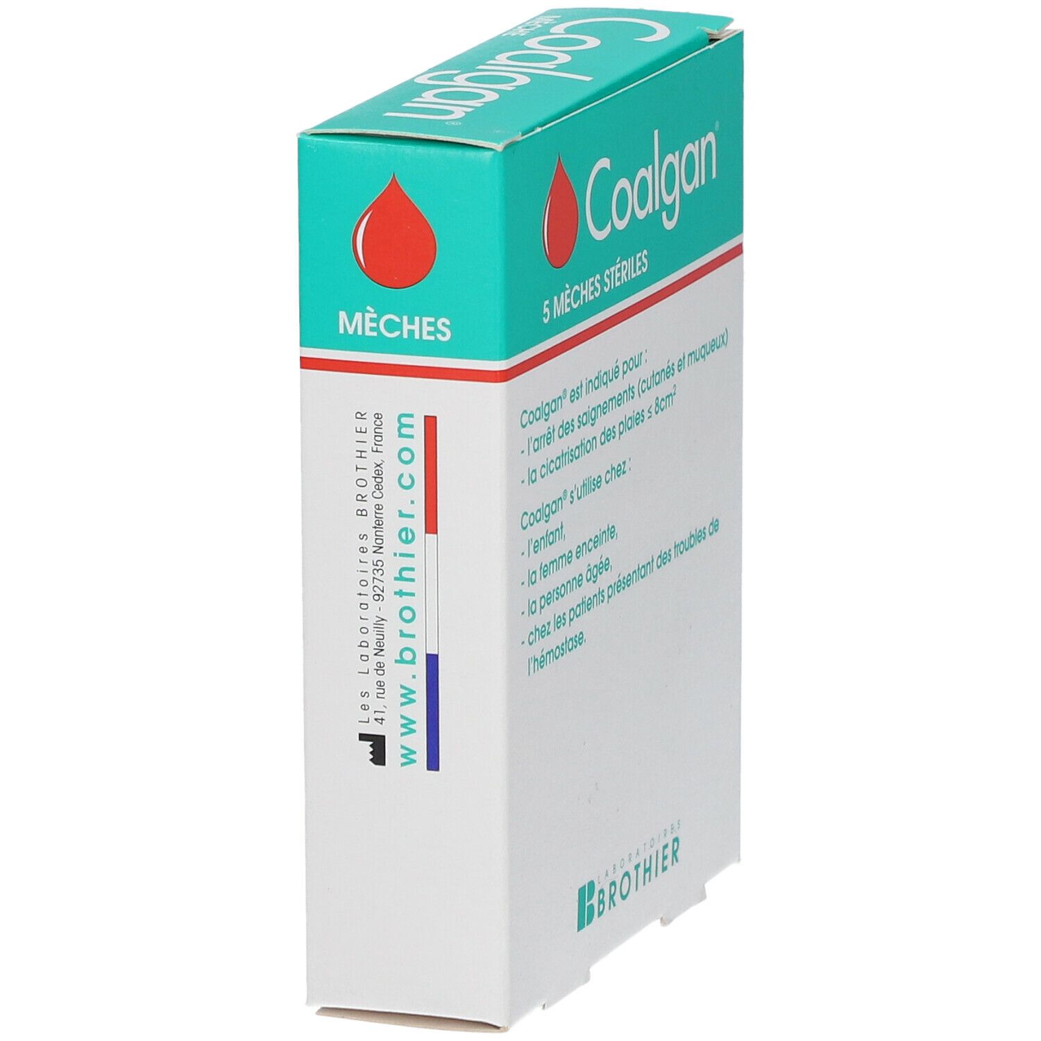 Vue latérale de l'emballage Coalgan. Boîte turquoise et blanche avec goutte rouge, texte 5 Mèches stériles. Laboratoires Brothier.