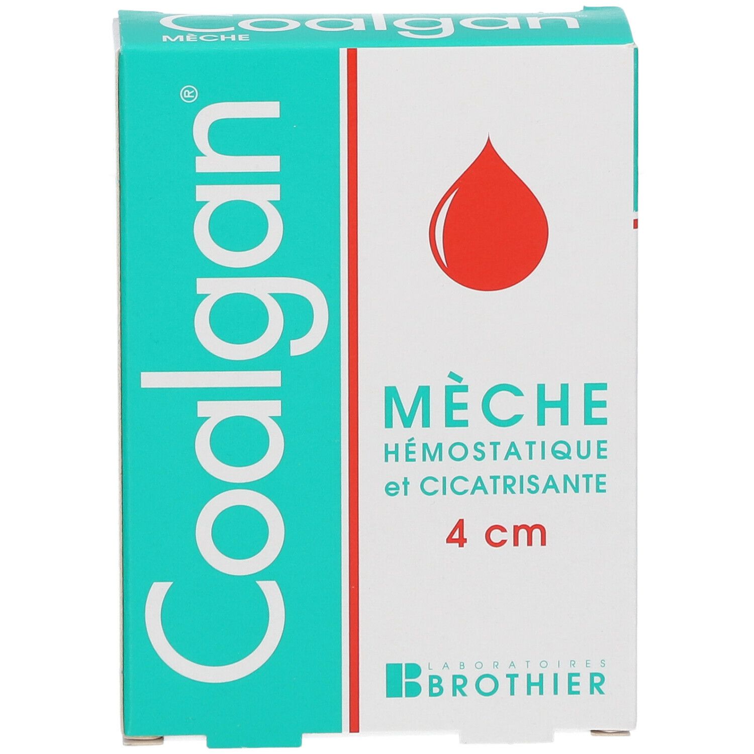 Boîte Coalgan. Boîte turquoise et blanche avec goutte rouge, texte Mèche, 4 cm. Laboratoires Brothier.