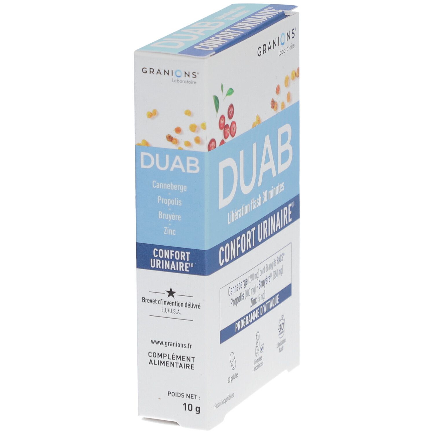Boîte DUAB, Confort Urinaire. Contient canneberge, propolis, bruyère et zinc. Emballage bleu et blanc. 10 g.