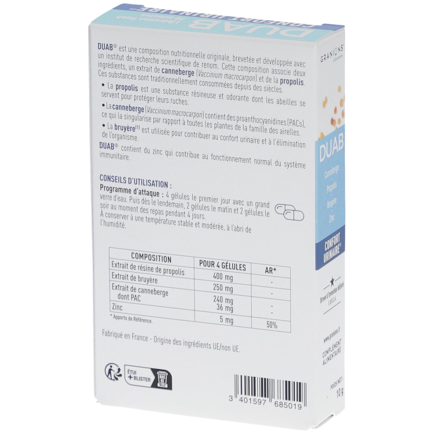 Dos de la boîte DUAB. Contient des informations sur les ingrédients et l'utilisation. Contient canneberge, propolis, bruyère et zinc.